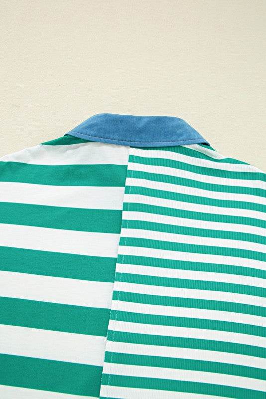 Green Stripe Color Collar Half Buttons T Shirt Top