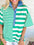 Green Stripe Color Collar Half Buttons T Shirt Top