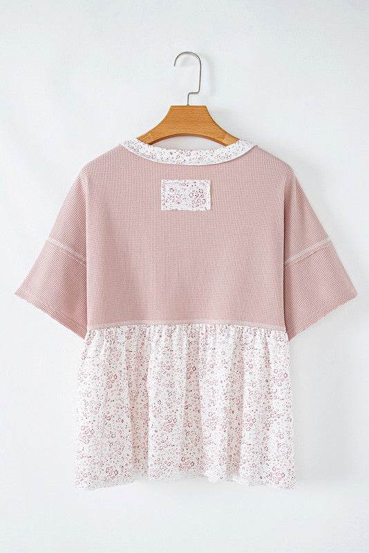 Cotton Pink Waffle Floral Patchwork Exposed Top