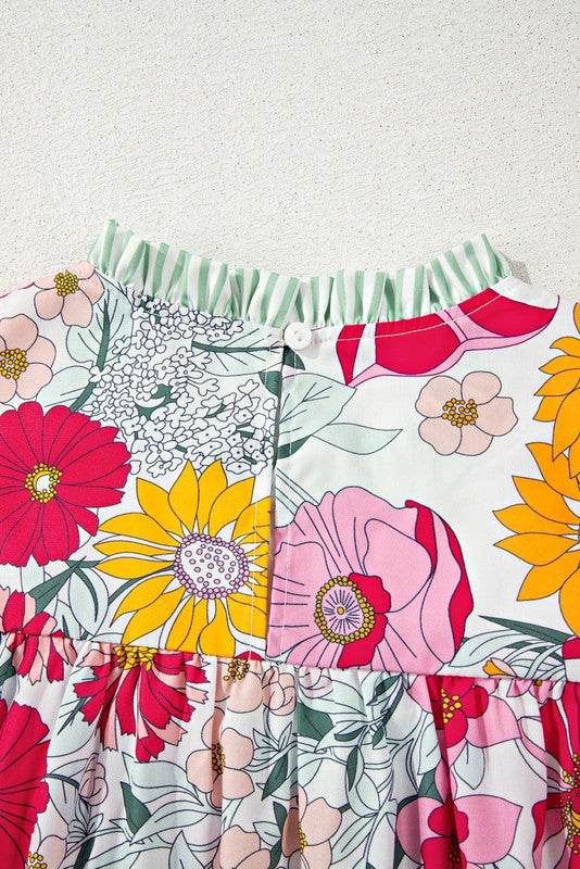 Pink Floral Ruffle Trim Pleated Panel Boho Blouse