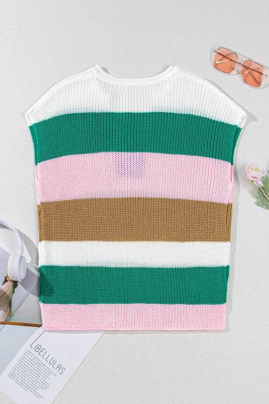 Cotton Colorblock Notch V Neck Knit T Shirt