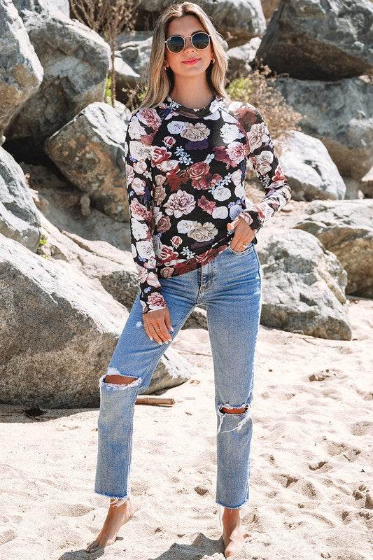 Mesh Floral Print Mock Neck Long Sleeve Slim Top