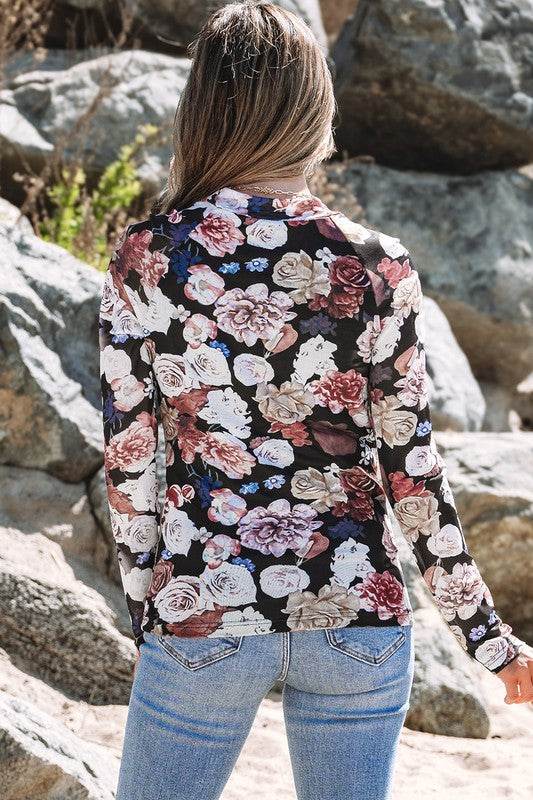 Mesh Floral Print Mock Neck Long Sleeve Slim Top