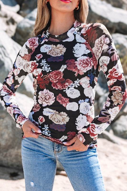 Mesh Floral Print Mock Neck Long Sleeve Slim Top