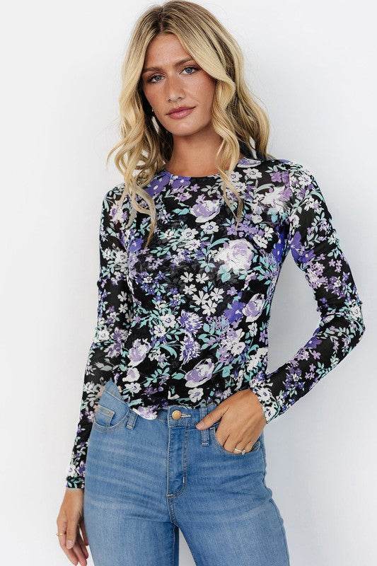 Floral Print Mesh Fitted Long Sleeve Top
