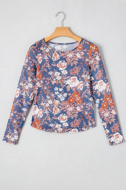 Floral Print Mesh Fitted Long Sleeve Top