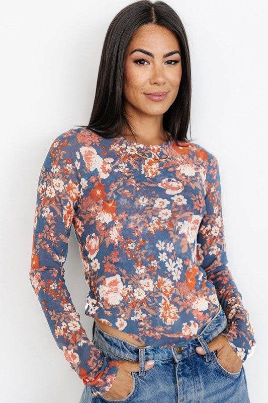 Floral Print Mesh Fitted Long Sleeve Top