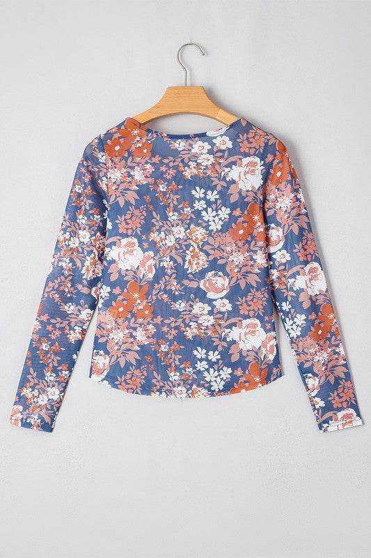 Floral Print Mesh Fitted Long Sleeve Top