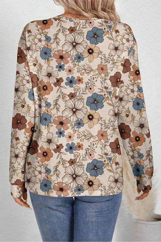 Floral Print Loose Crew Neck Long Sleeve T Shirt