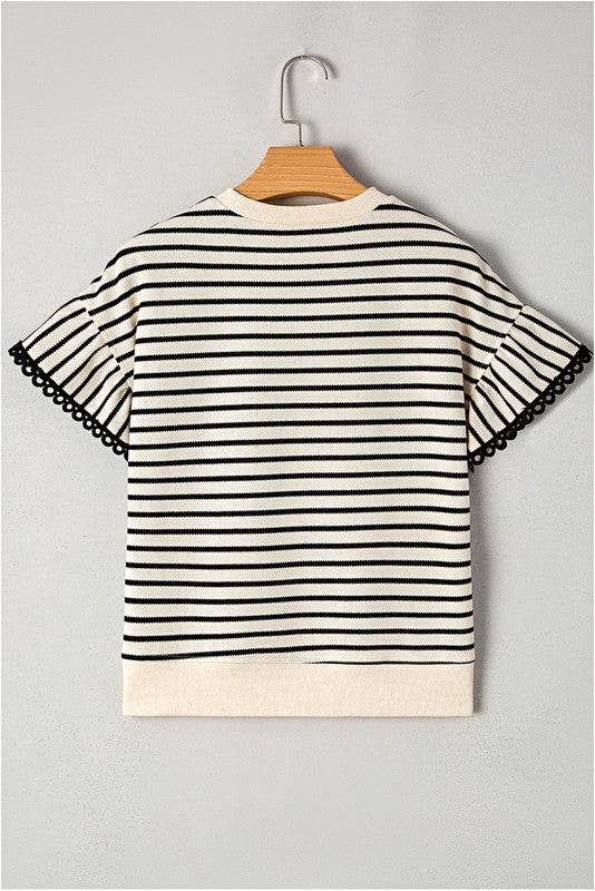 Cotton Stripe Scallop Lace Ruffle Sleeves Top