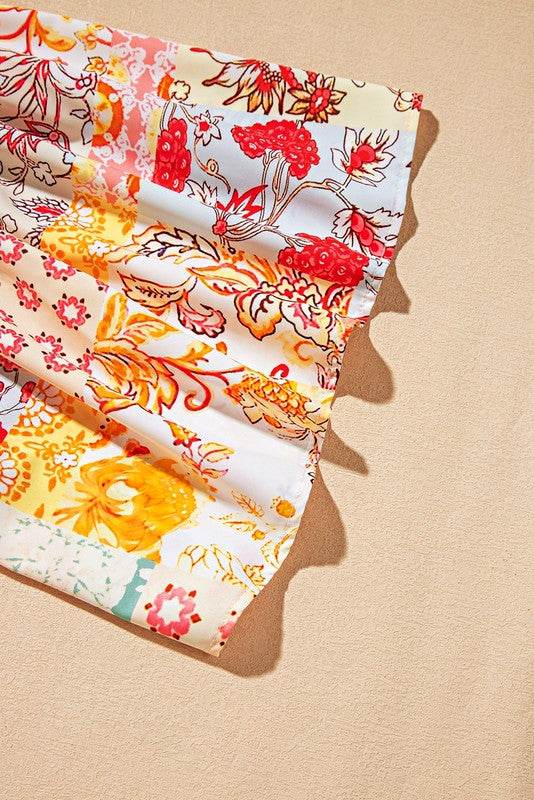 Cotton Beige Floral Patchwork Angel Sleeve Blouse