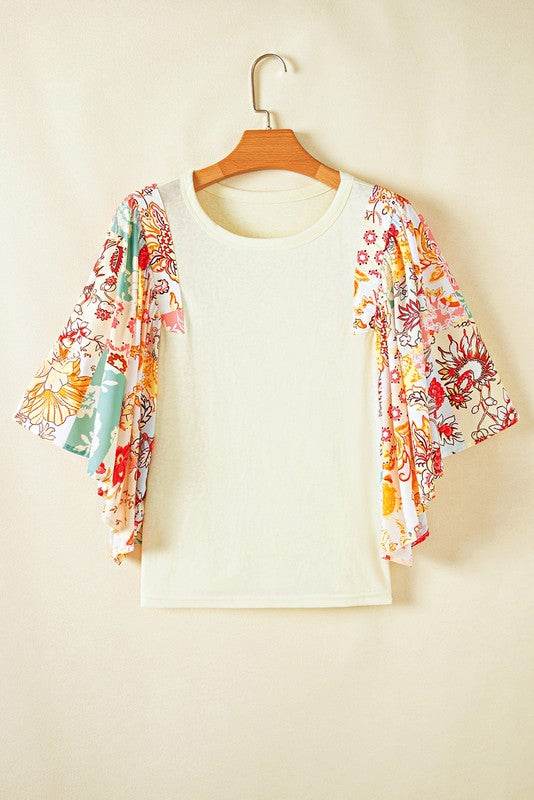 Cotton Beige Floral Patchwork Angel Sleeve Blouse