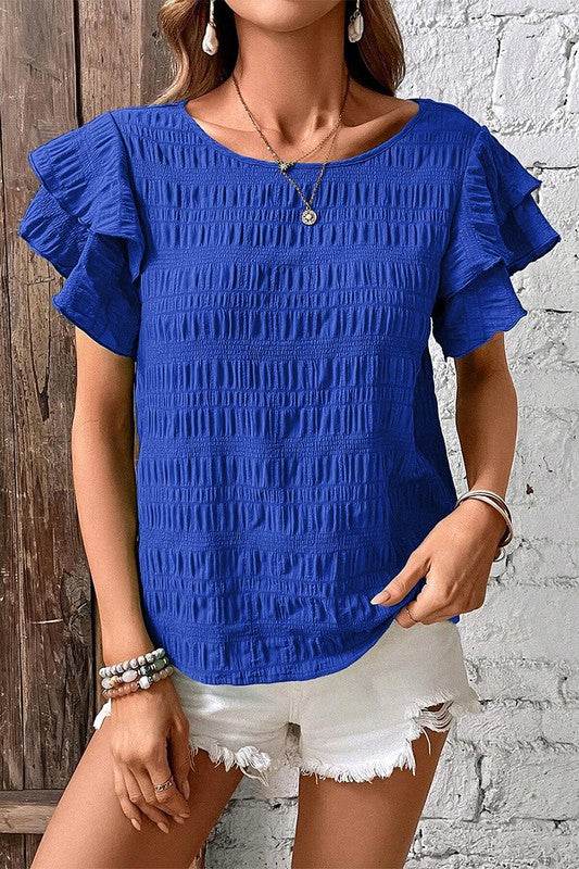 Textured Ruffled Sleeve Round Neck Top