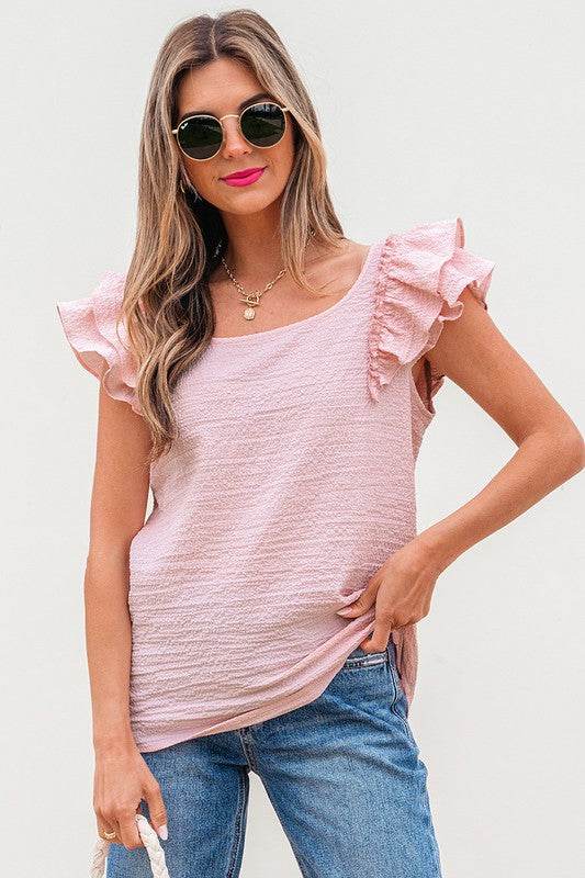 Textured Bow Knot Frilled Butterfly Sleeve Blouse