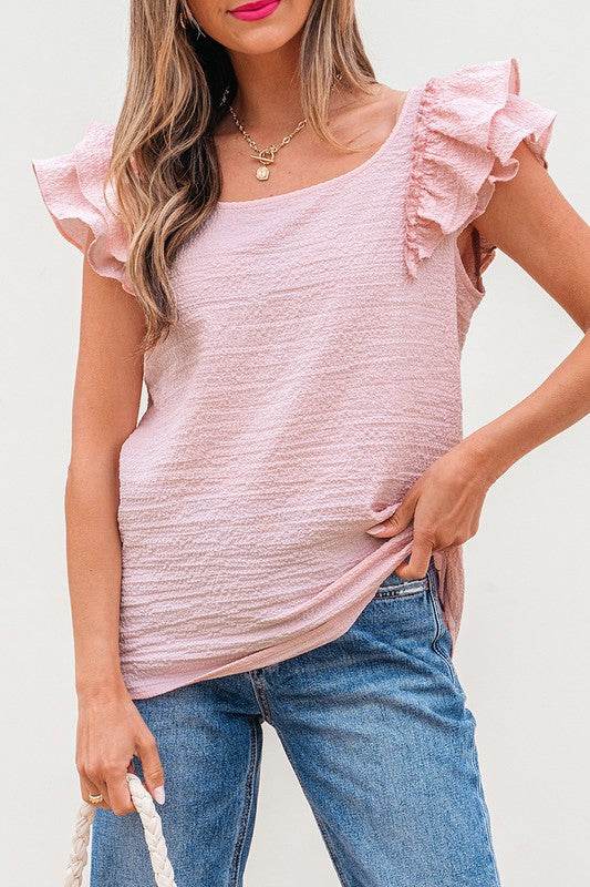 Textured Bow Knot Frilled Butterfly Sleeve Blouse