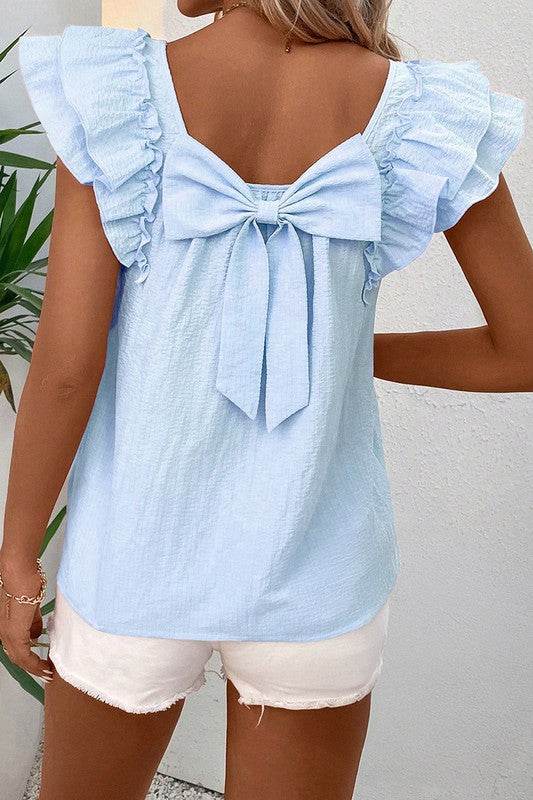 Textured Bow Knot Frilled Butterfly Sleeve Blouse