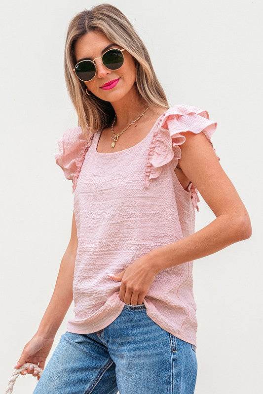 Textured Bow Knot Frilled Butterfly Sleeve Blouse