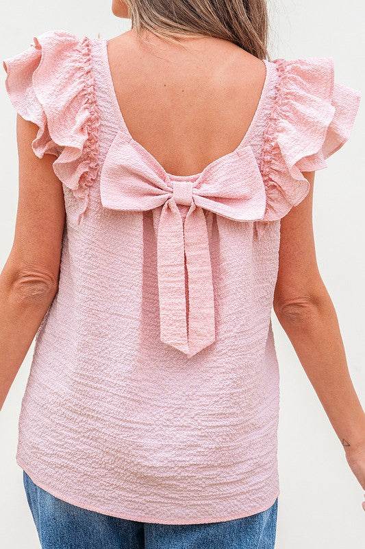Textured Bow Knot Frilled Butterfly Sleeve Blouse