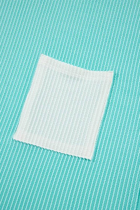 Corded Knit Color Block Pocketed Crew Neck T Shirt