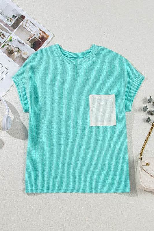 Corded Knit Color Block Pocketed Crew Neck T Shirt