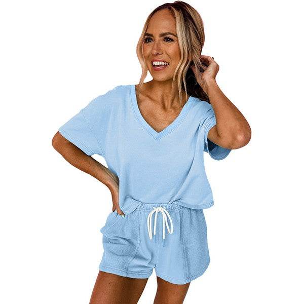 Drop Shoulder Tee Patchwork Drawstring Shorts Set