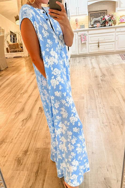 Floral Print Wide Leg Relaxed Sleeveless Jumpsuit
