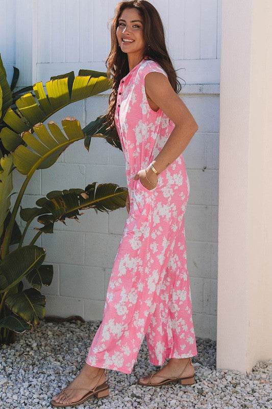 Floral Print Wide Leg Relaxed Sleeveless Jumpsuit