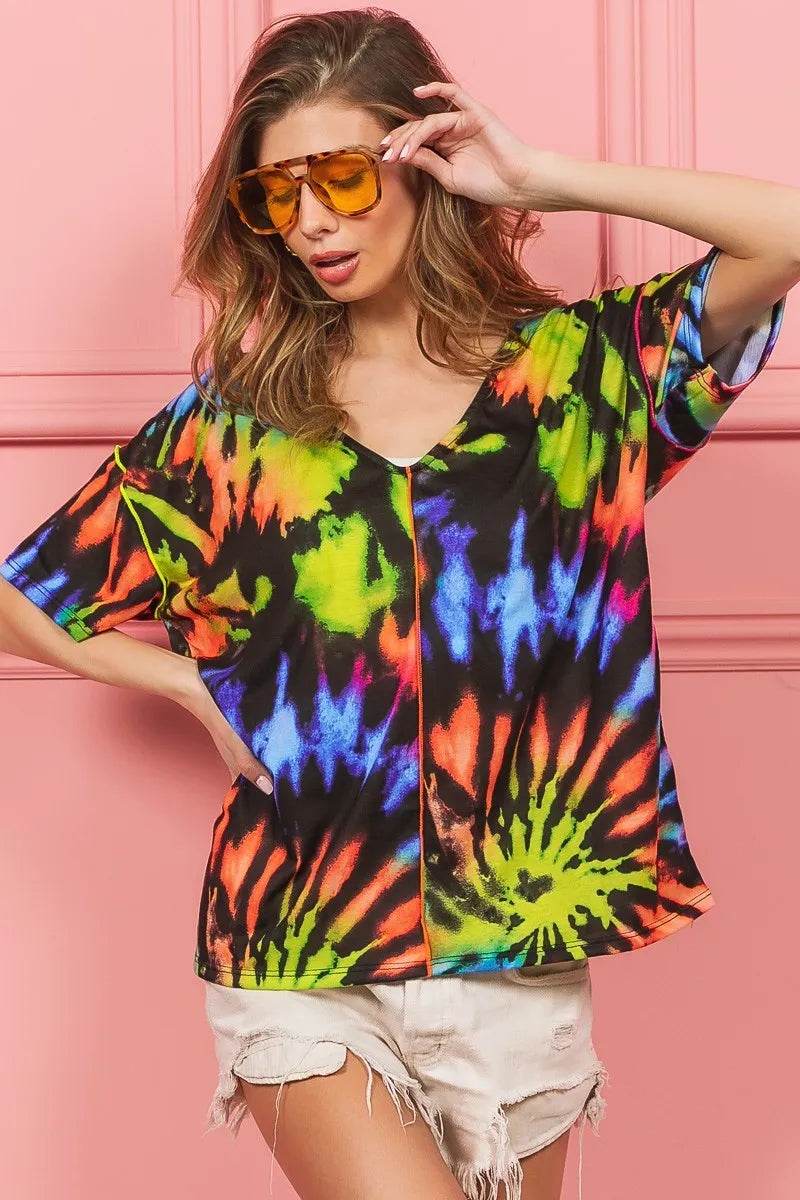 BiBi Tie Dye Print Jersey Stitched V Neck Top