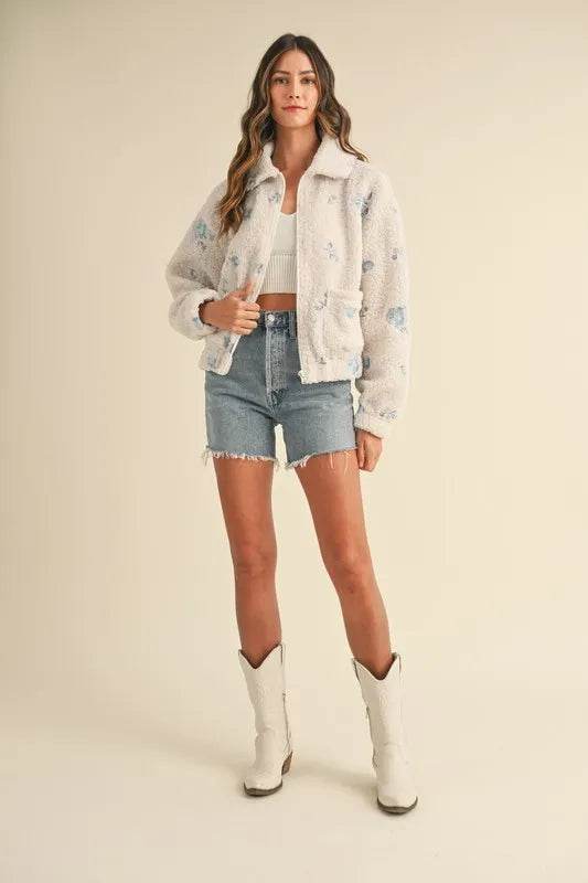 MABLE Floral Embroidered Fleece Teddy Jacket