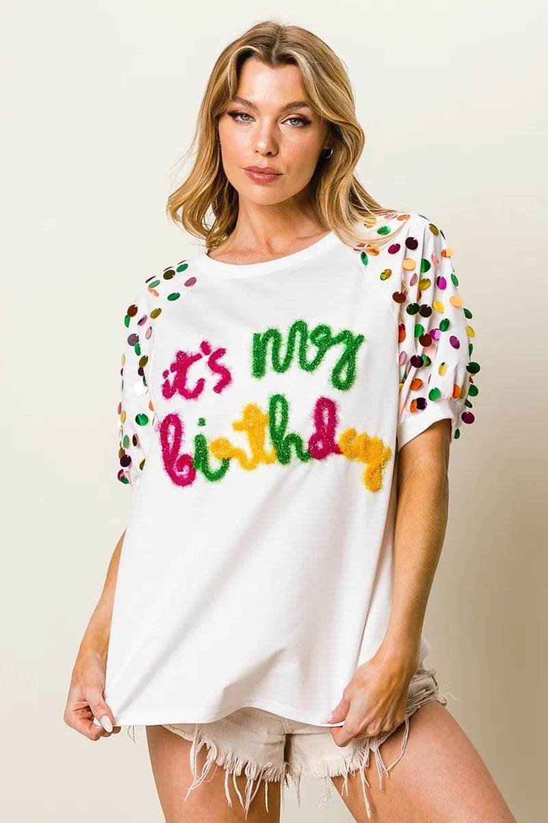 BiBi Metallic Letter Spangle Raglan Puff Sleeve Top