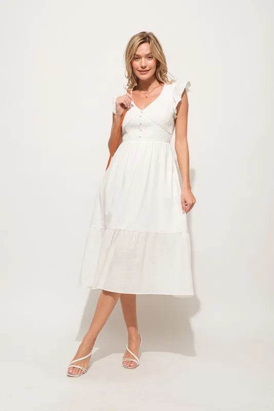 And The Why Ruffle Sleeve Front Smocked Tiered Midi Dress