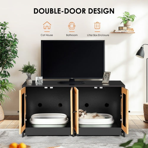 Double Litter Box Enclosure,Cat Litter Box Enclosure For 2 Cats, Hidden Litter Box Furniture With Rattan Doors, 47 L X 19.8 W X 21.8  H,Black