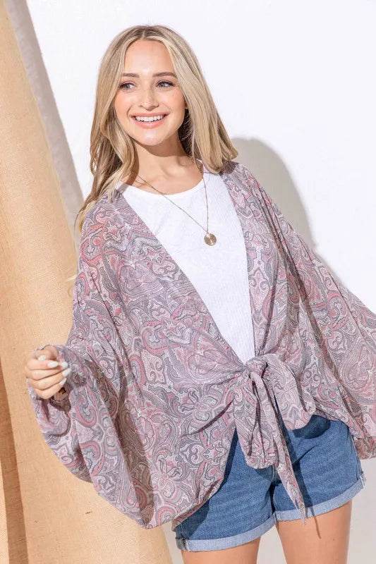 And The Why Sheer Front Tie Knot Oversized Kimono Wrap Cover Up