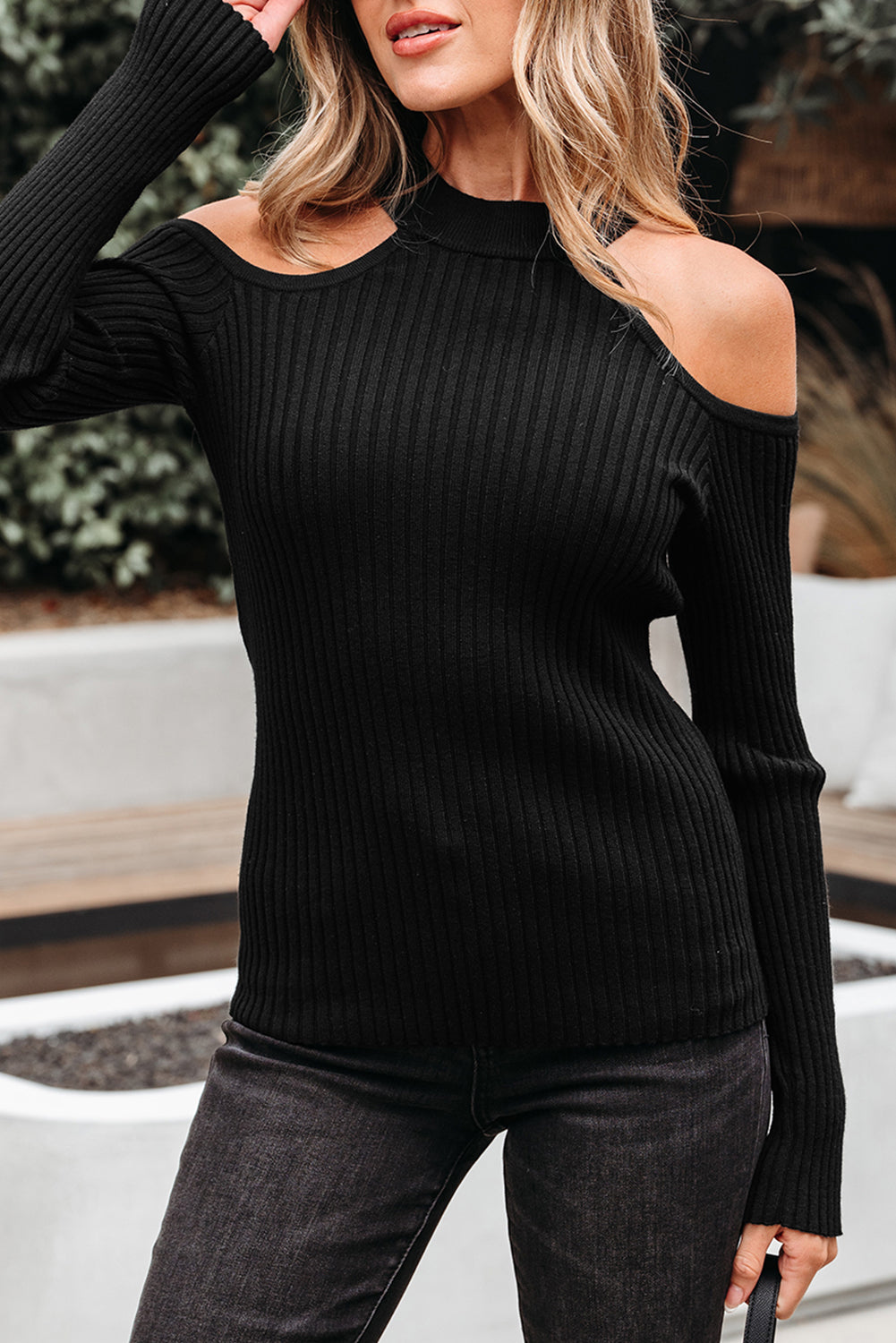 Bailey Ribbed Knit Cold Shoulder Sweater