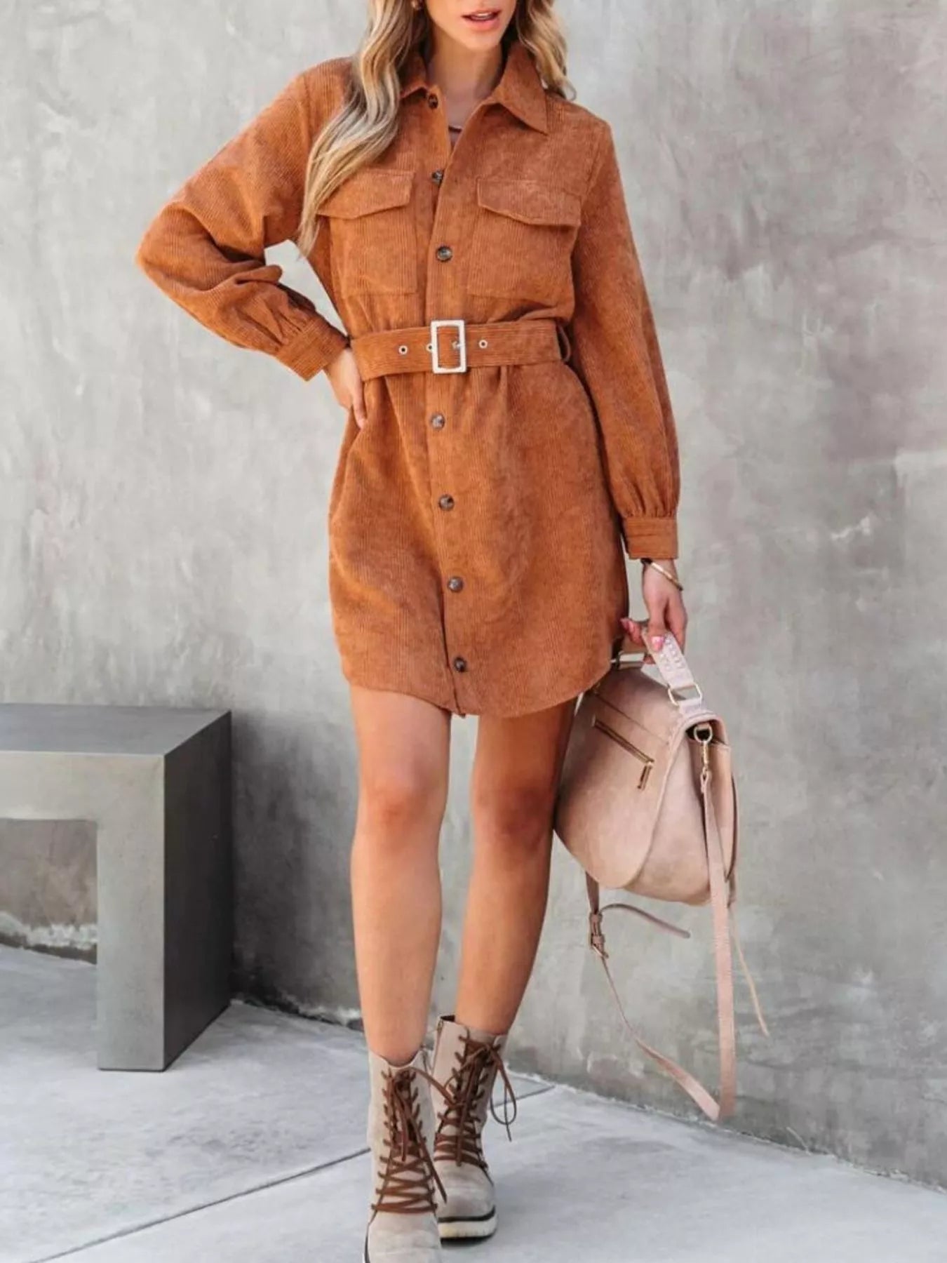 Button Front Belt Long Sleeve Corduroy Dress
