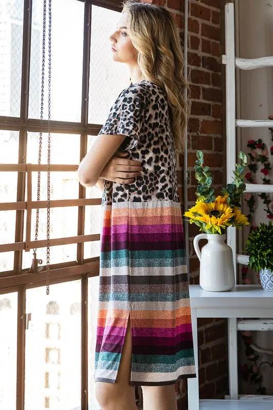 Heimish Full Size Animal Leopard and Stripe Open Cardigan Plus Size