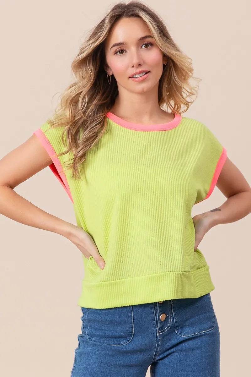 BiBi Cord Rib Knit Contrast Banded Top
