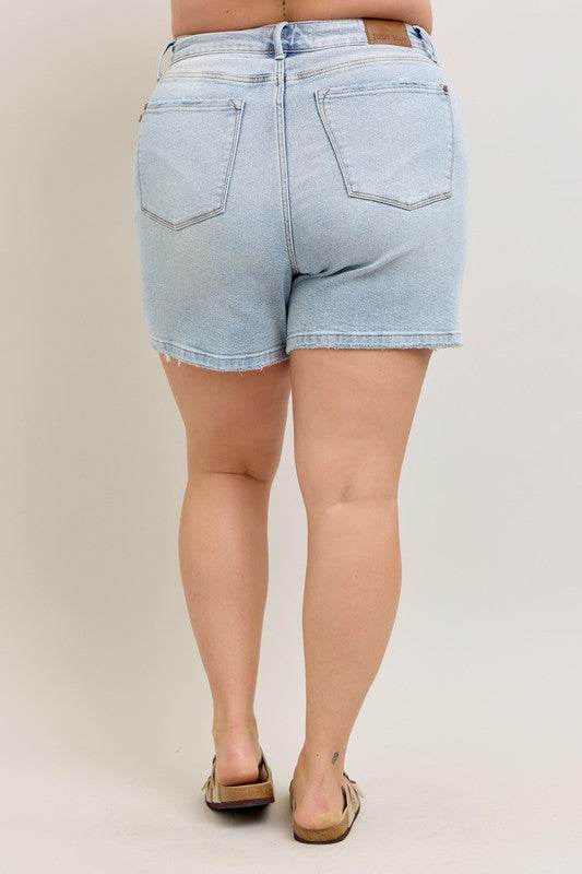Judy Blue Full Size Frayed Hem High Rise Denim Shorts with Pockets Plus Size