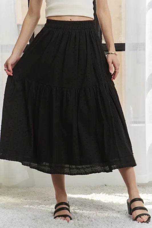 ADORA Elastic Waistband Tiered Midi Skirt