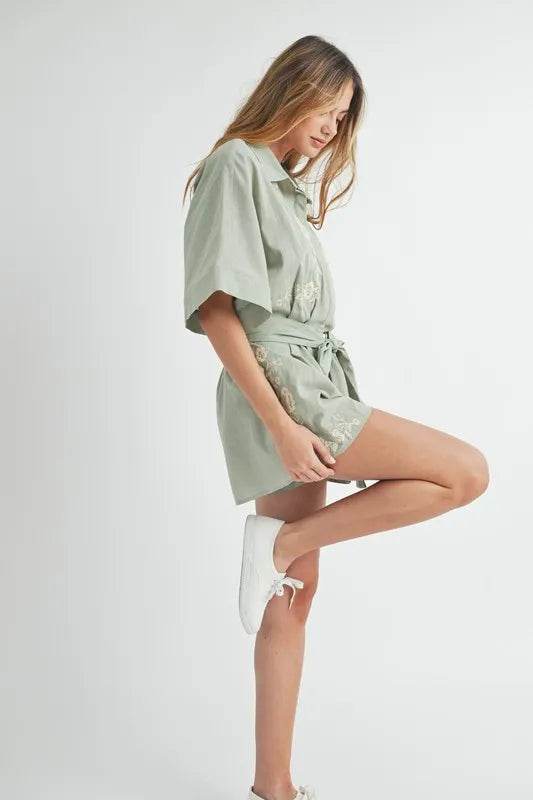 MABLE Embroidered Button Down Collared Neck Romper