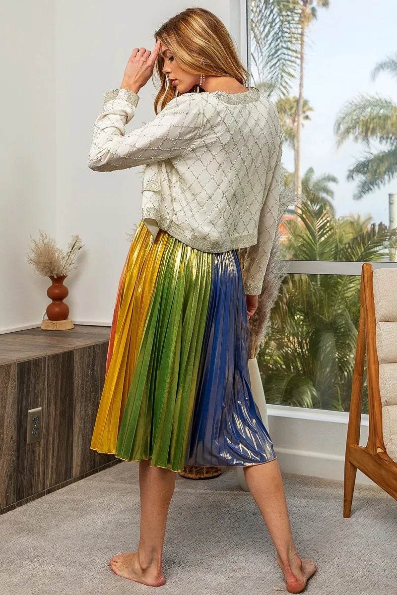 BiBi Metallic Color Block Pleats Midi Skirt