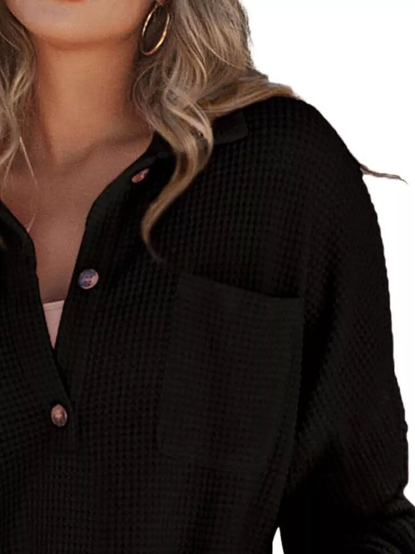 Casual Waffle Knit Button Detail Blouse