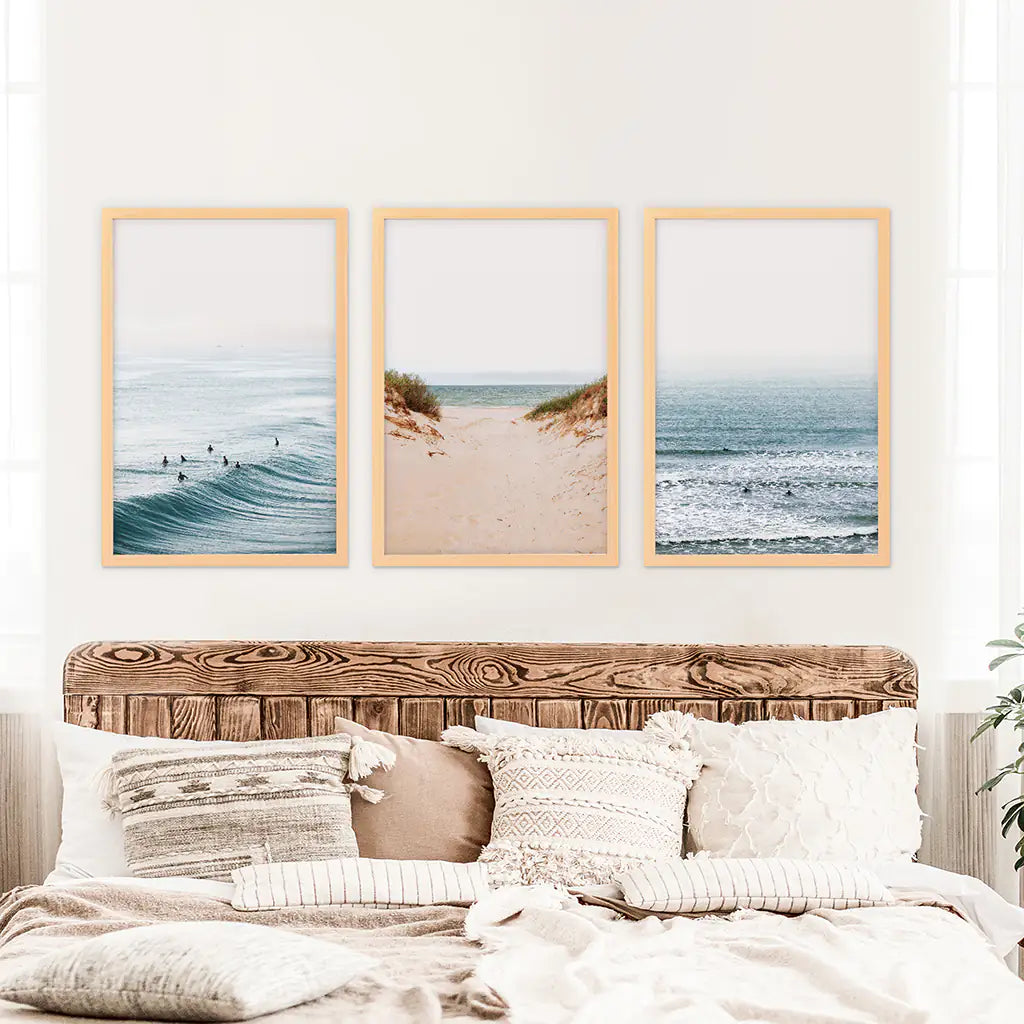 Modern Beach Set of 3 Posters. Sandy Beach, Waves, Surfers