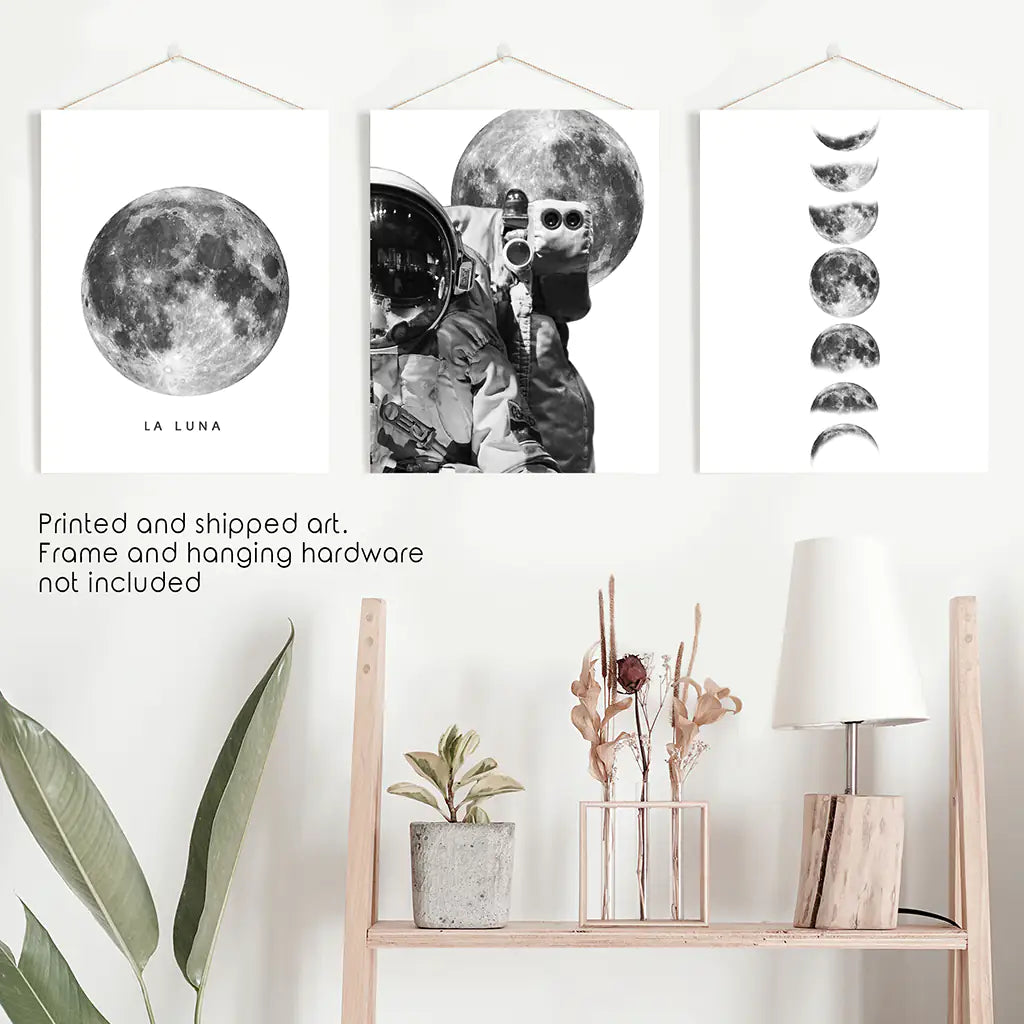 Modern Black White Moon Phases Wall Art Set of 3