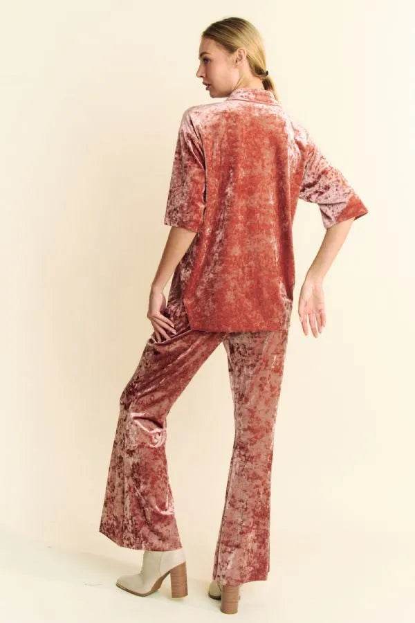 Davi & Dani Crushed Velvet Button Front Easy Lounge Shirt Top
