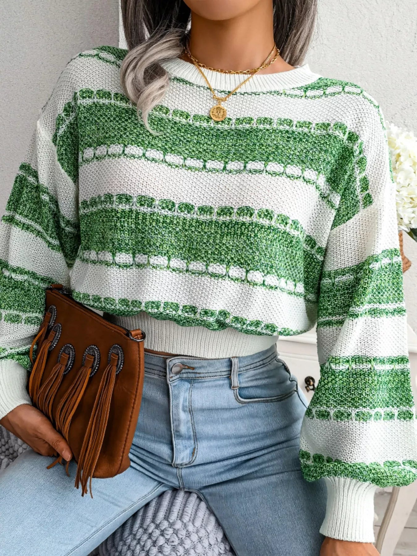 Color Block Round Neck Cropped Sweater