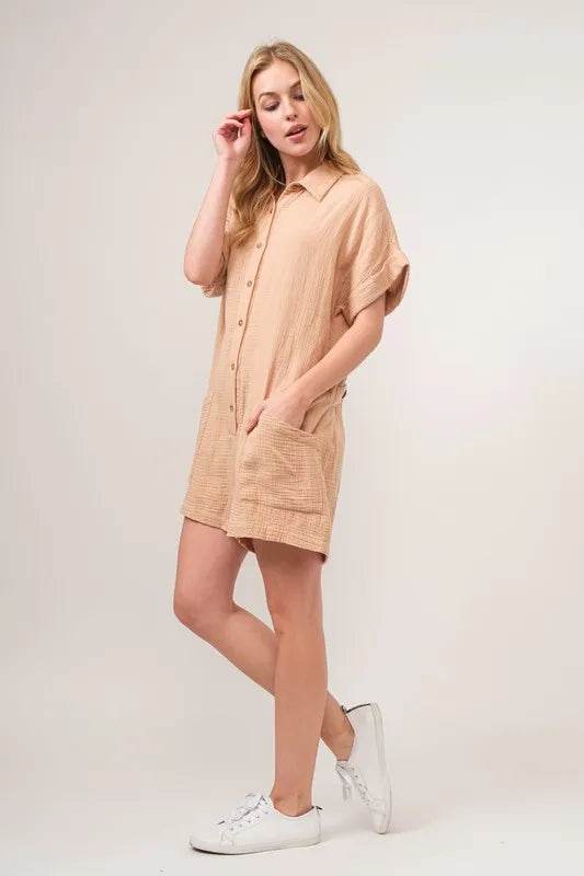 And The Why Washed Gauze Roll-up Sleeve Comfort Utility Romper