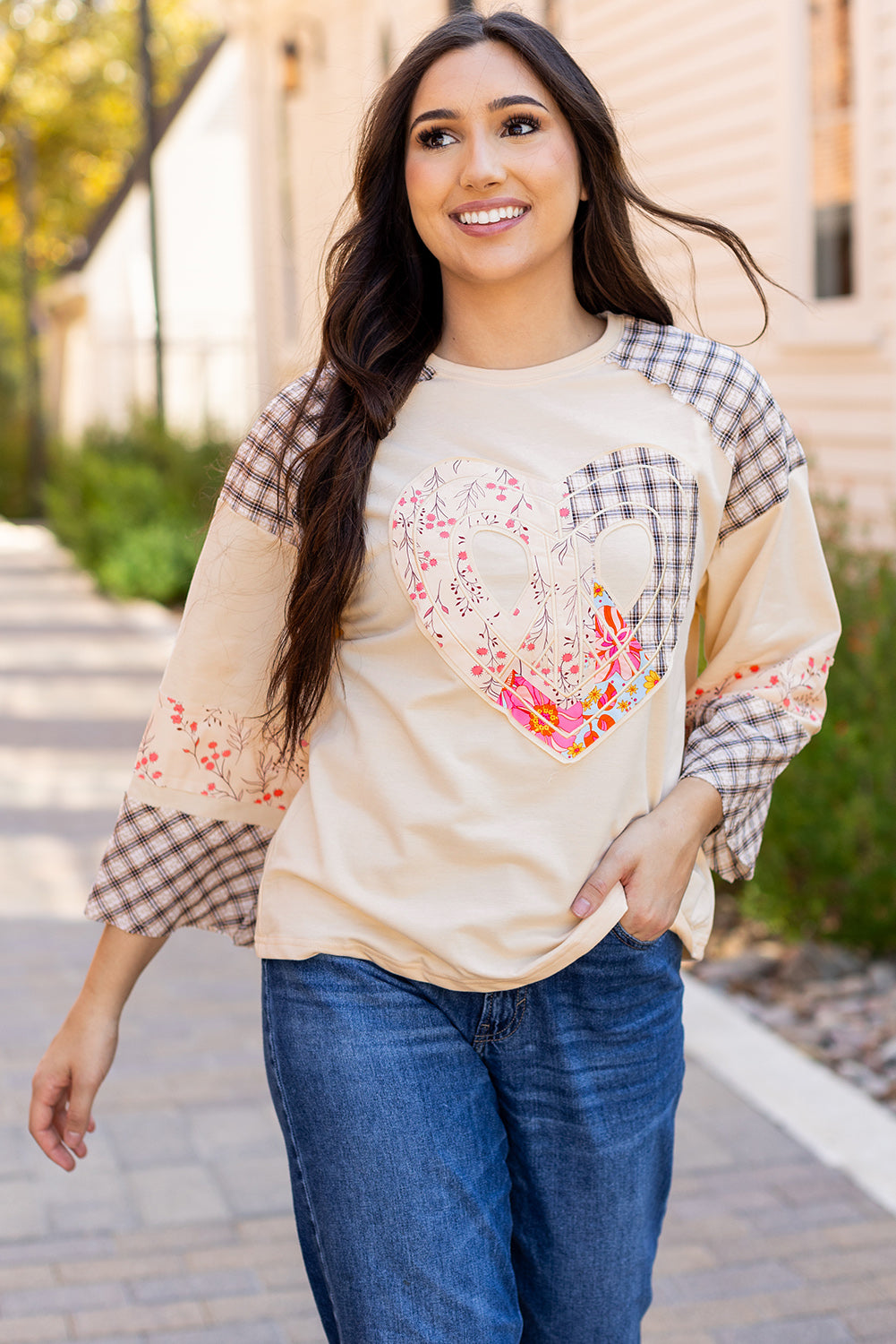 Emilia Plaid Floral Peace Heart Long Sleeve Top