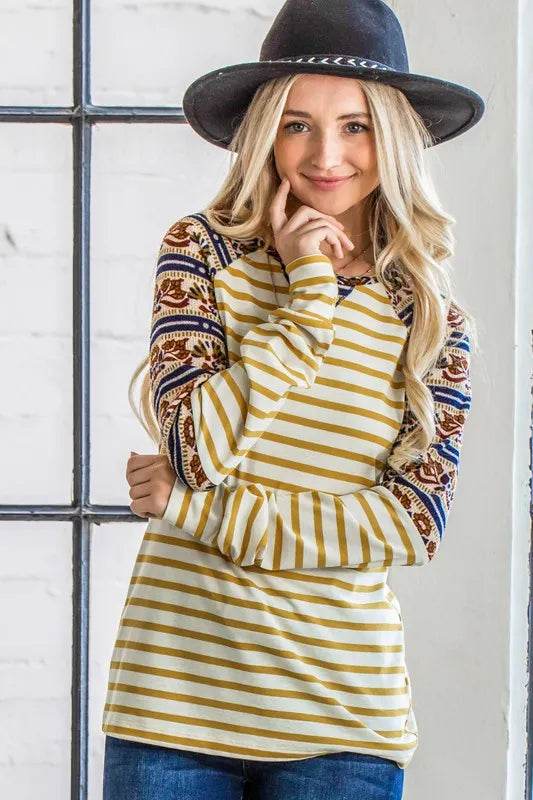 And The Why Stripe Ethnic Print Raglan Top