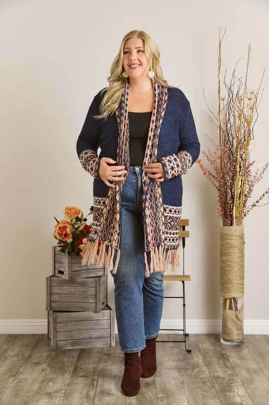 ADORA Full Size Fringe Hem Aztec Border Cardigan Plus Size